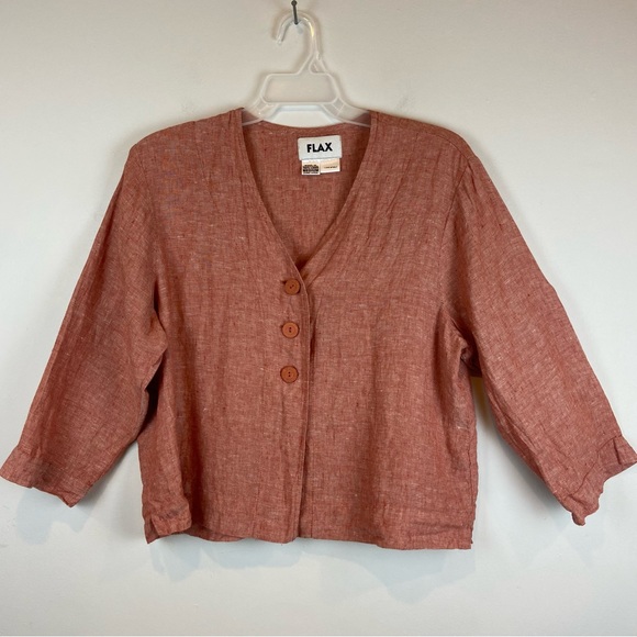 Flax Tops - FLAX I Love Myself 100% Linen Orange 3 Button Top Women’s Size Medium